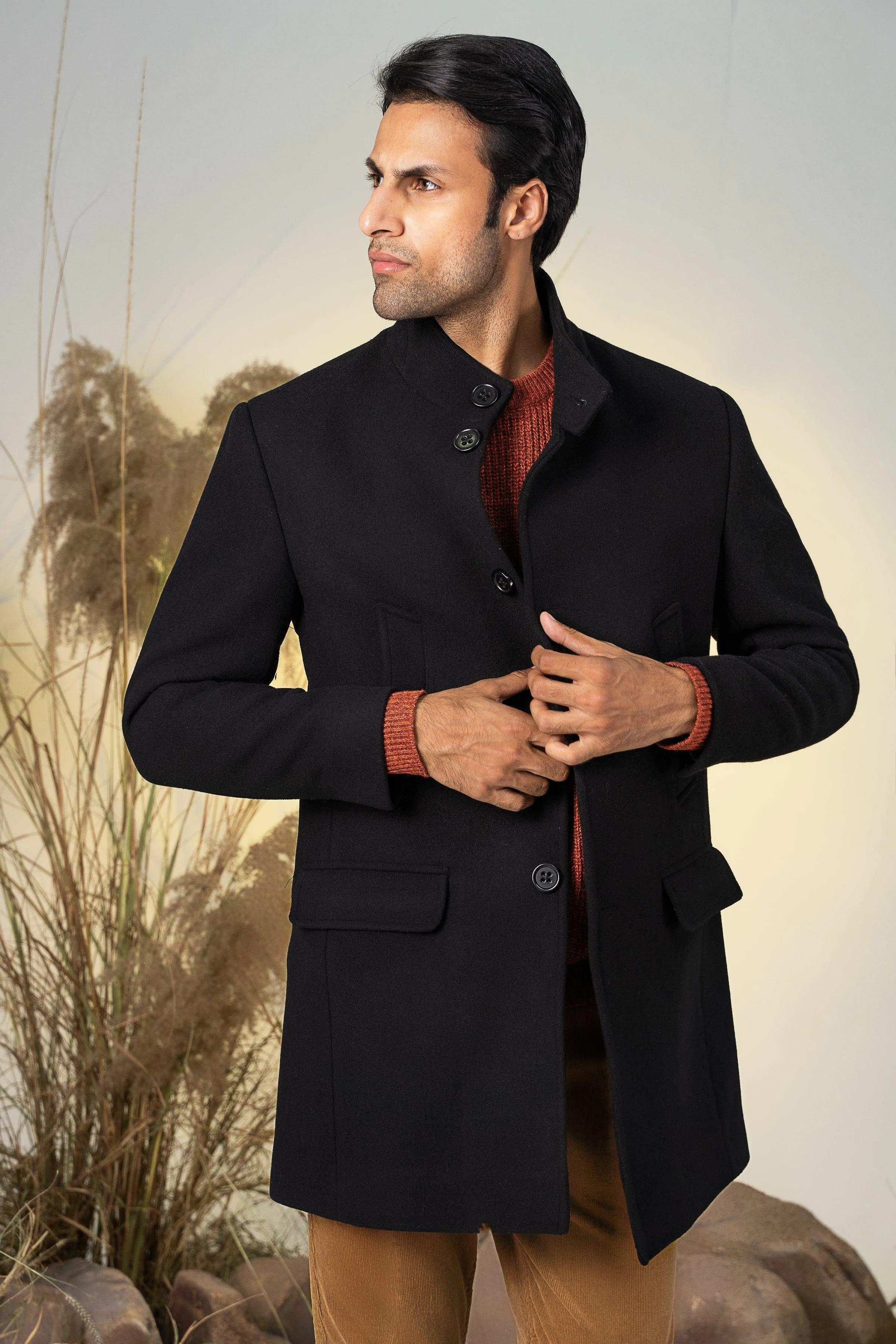 BAN COLLAR LONG COAT BLACK