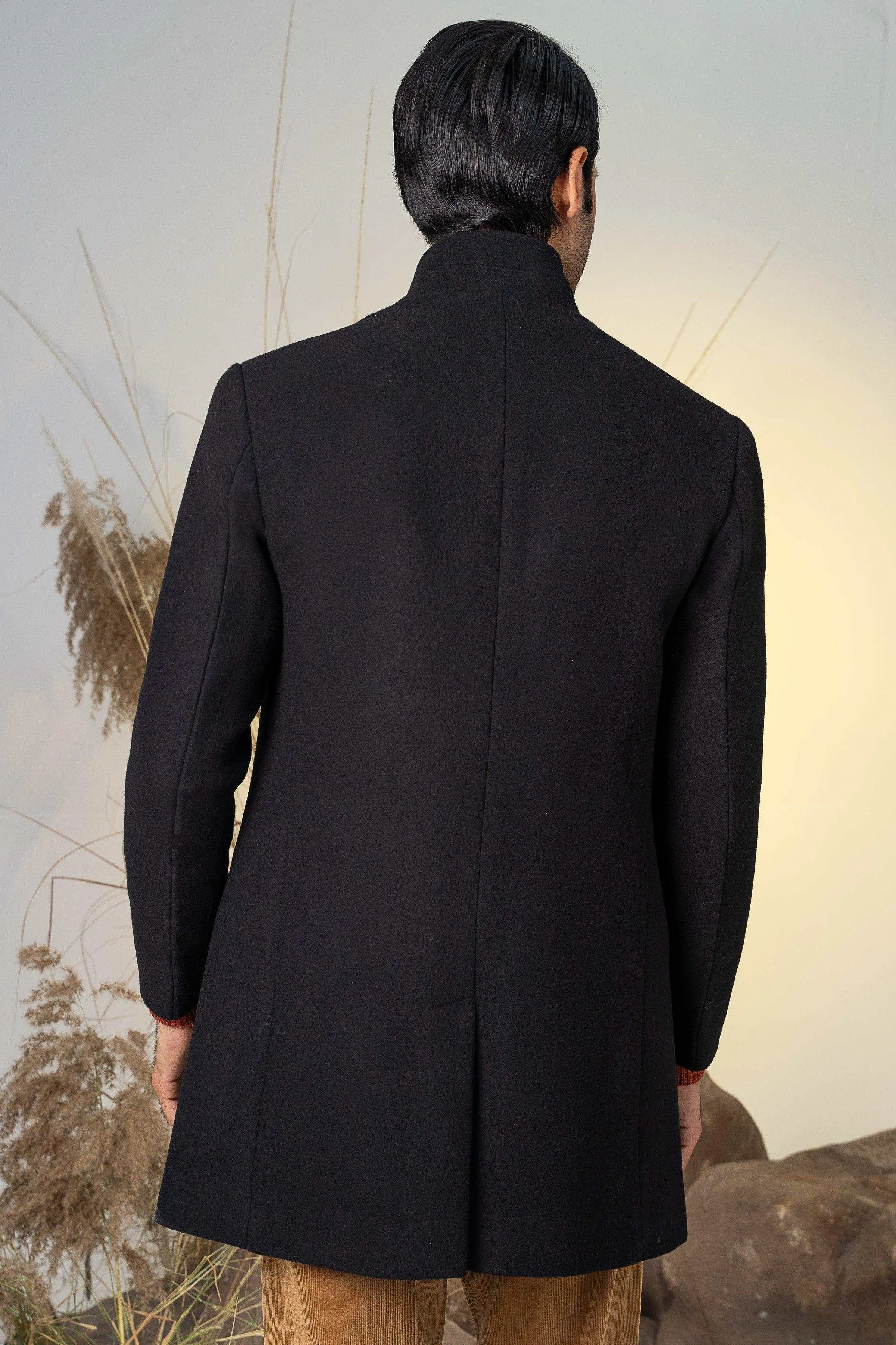 BAN COLLAR LONG COAT BLACK