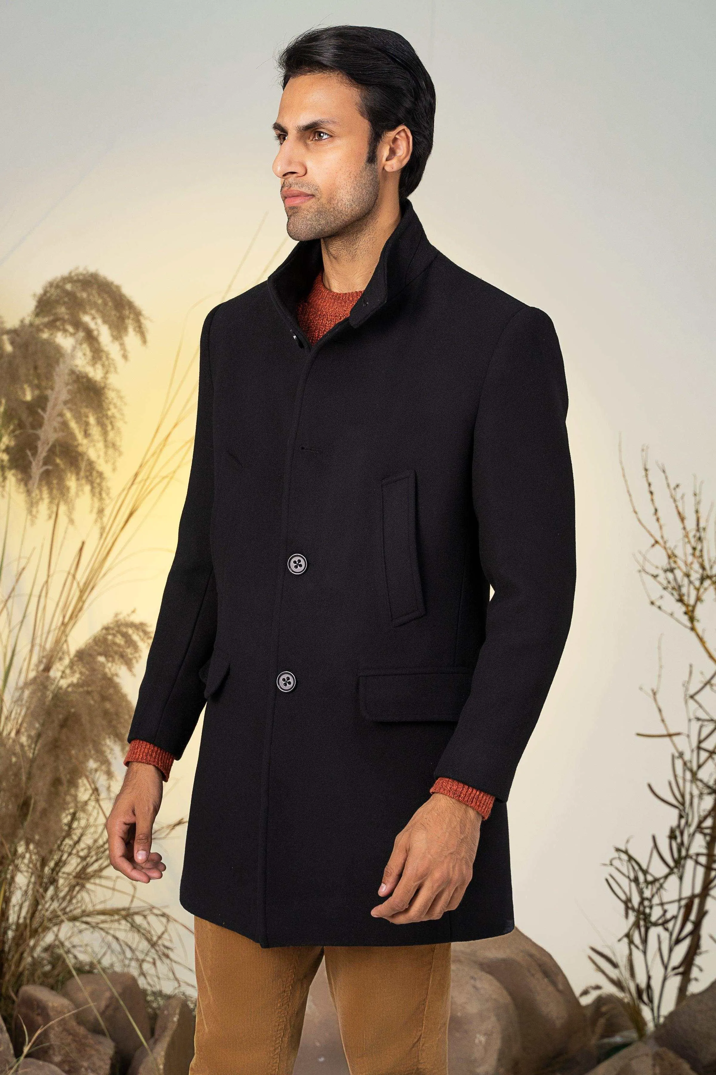 BAN COLLAR LONG COAT BLACK