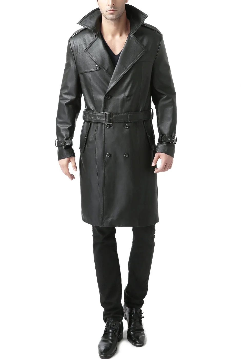 BGSD Monogram Collection Men Classic Leather Long Trench Coat