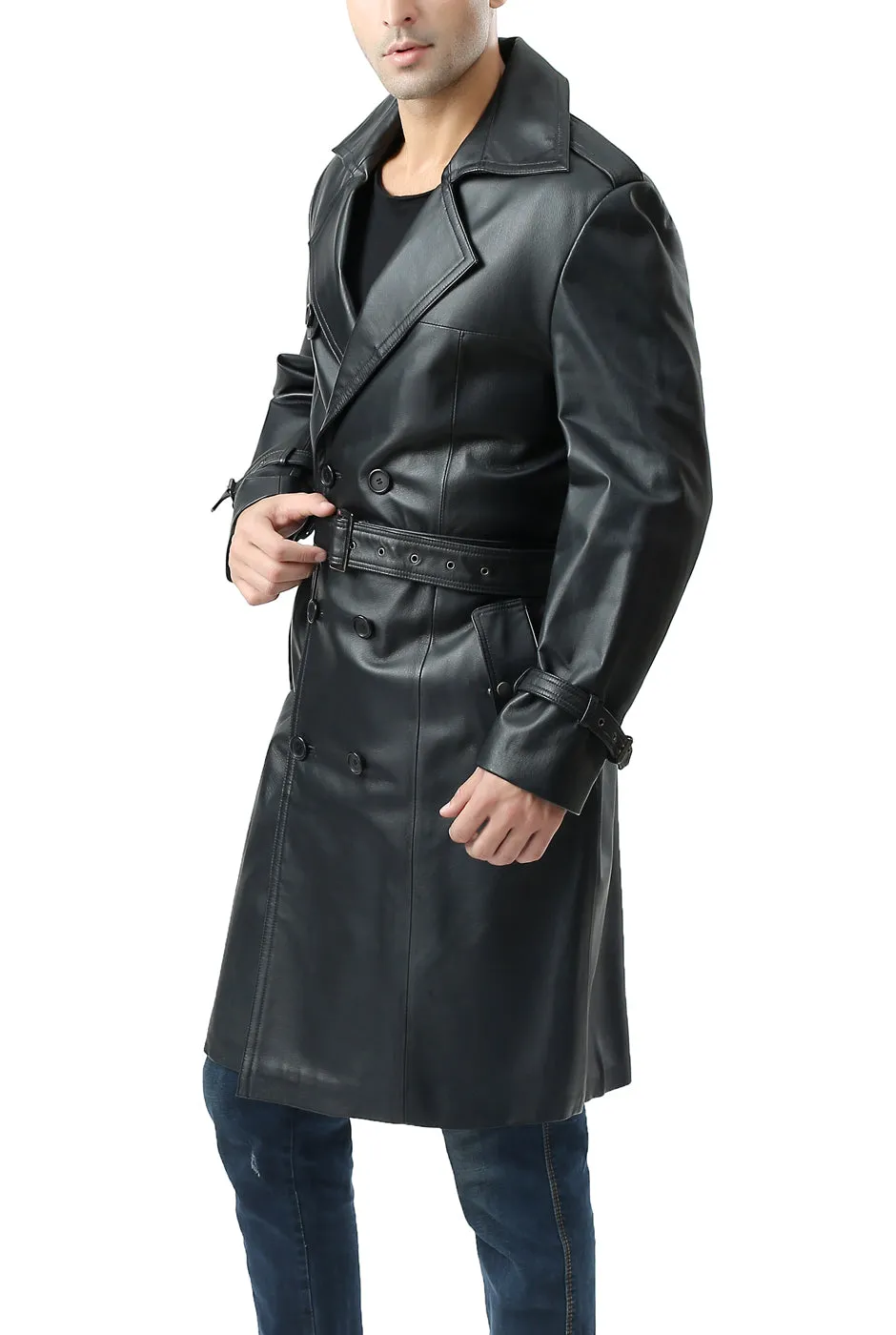 BGSD Monogram Collection Men Classic Leather Long Trench Coat