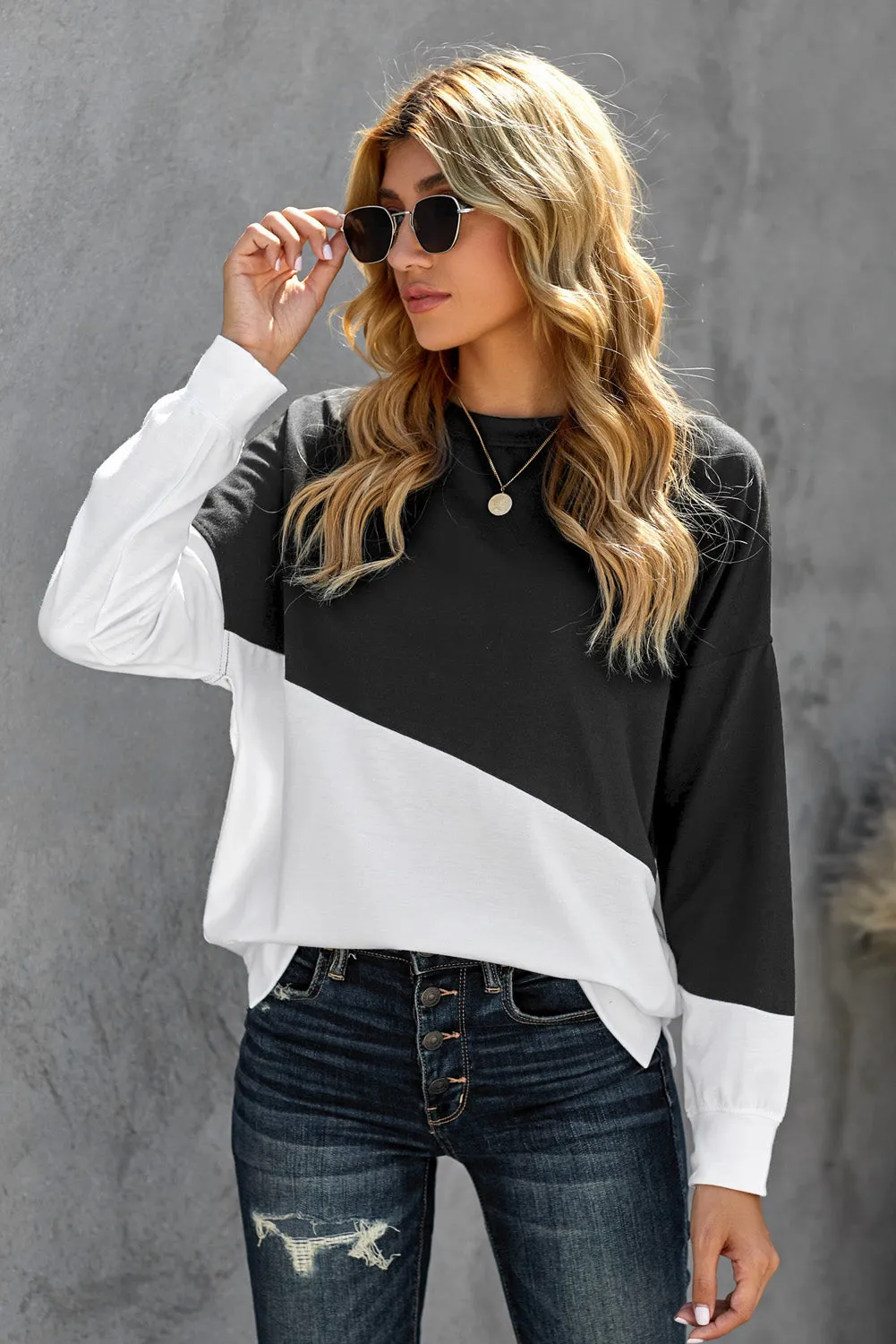 Black Color Block Pullover Sweatshirt