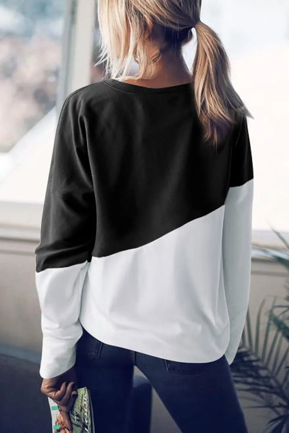 Black Color Block Pullover Sweatshirt