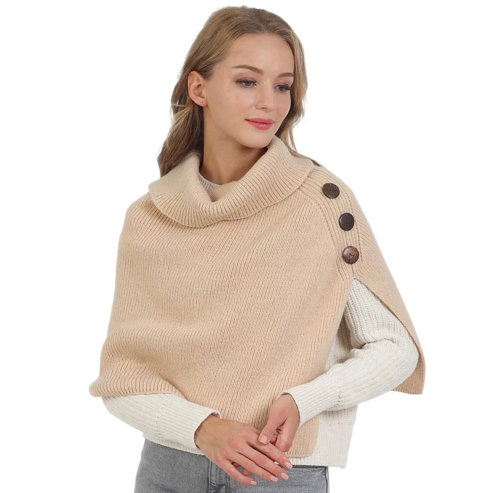 Button Pointed Slit Turtleneck Knit Shawl Scarf