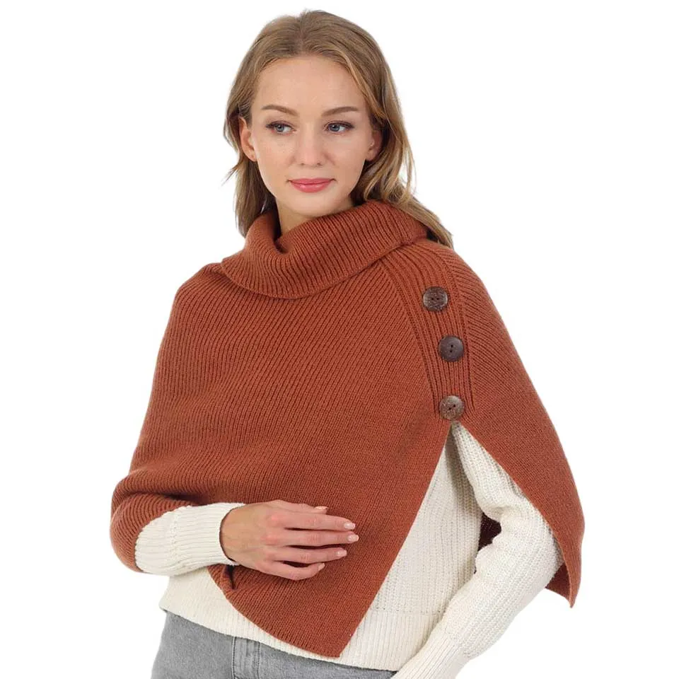 Button Pointed Slit Turtleneck Knit Shawl Scarf