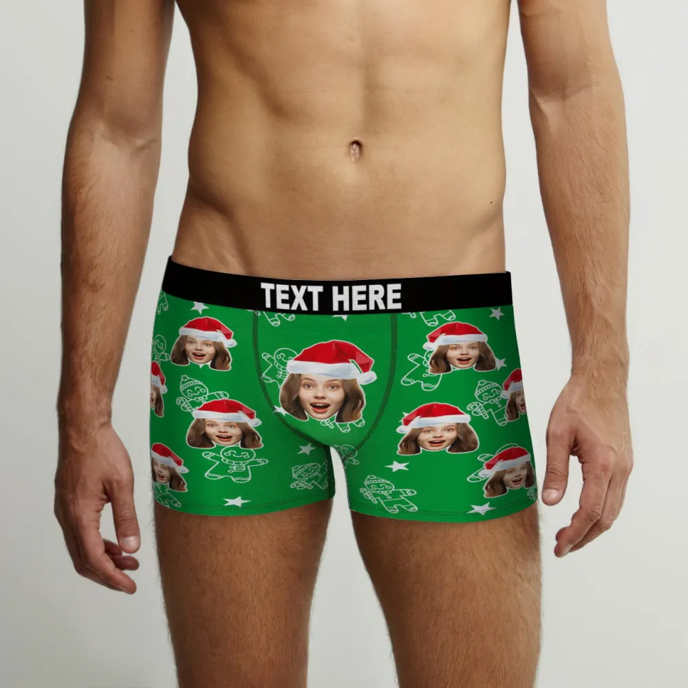 Custom Christmas Underwear with Face Personalized Boxers Printed with Biscuit Pattern & Hats Gift for Boyfriend