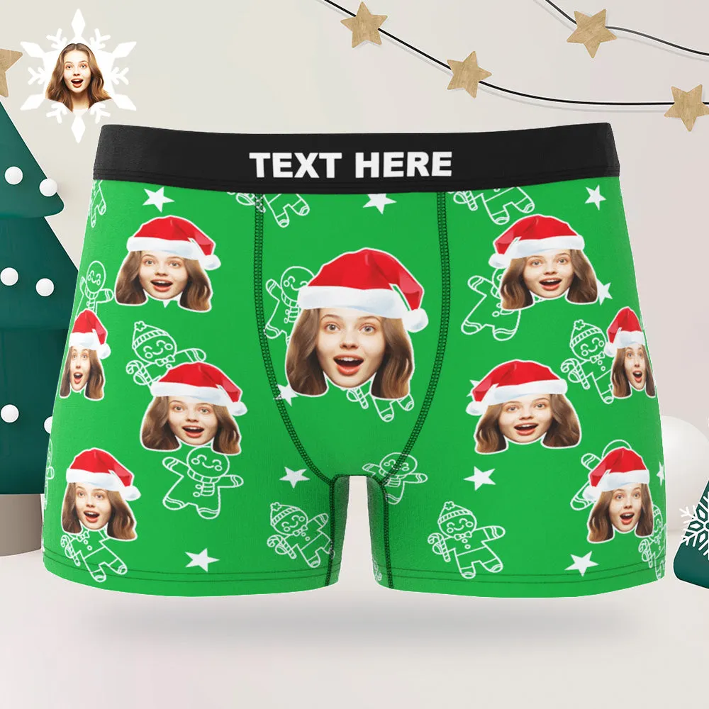 Custom Christmas Underwear with Face Personalized Boxers Printed with Biscuit Pattern & Hats Gift for Boyfriend