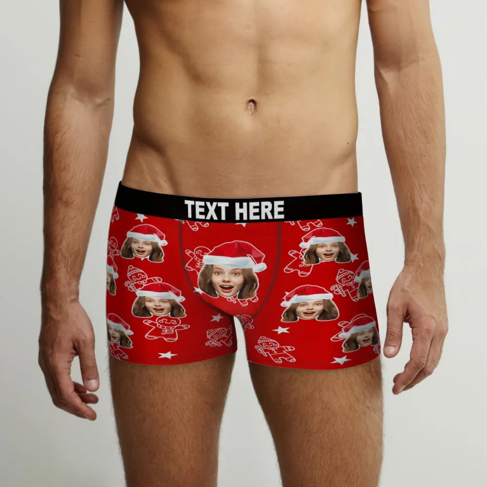 Custom Christmas Underwear with Face Personalized Boxers Printed with Biscuit Pattern & Hats Gift for Boyfriend