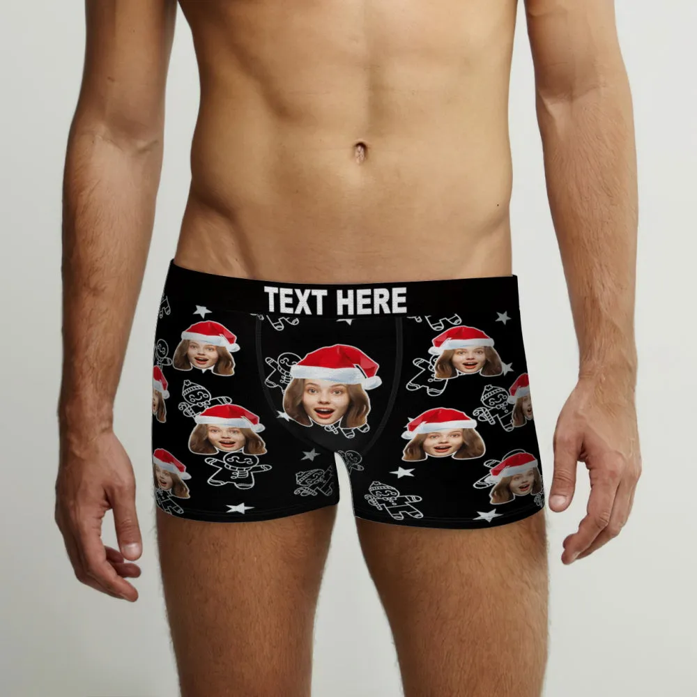 Custom Christmas Underwear with Face Personalized Boxers Printed with Biscuit Pattern & Hats Gift for Boyfriend