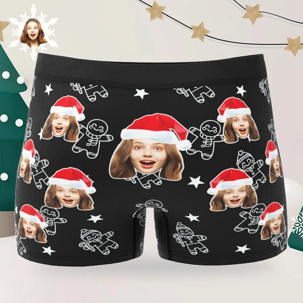 Custom Christmas Underwear with Face Personalized Boxers Printed with Biscuit Pattern & Hats Gift for Boyfriend