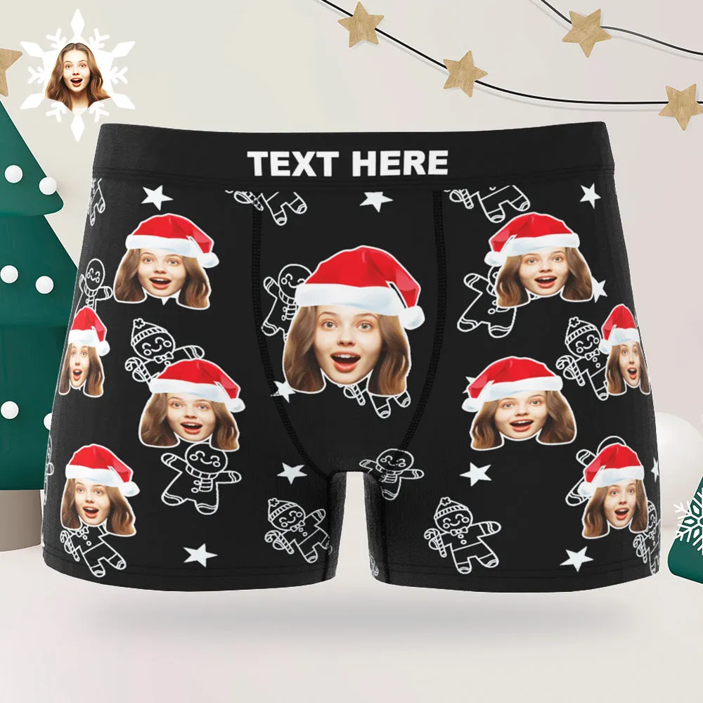 Custom Christmas Underwear with Face Personalized Boxers Printed with Biscuit Pattern & Hats Gift for Boyfriend