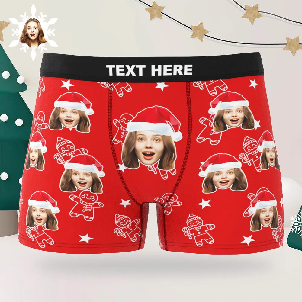 Custom Christmas Underwear with Face Personalized Boxers Printed with Biscuit Pattern & Hats Gift for Boyfriend