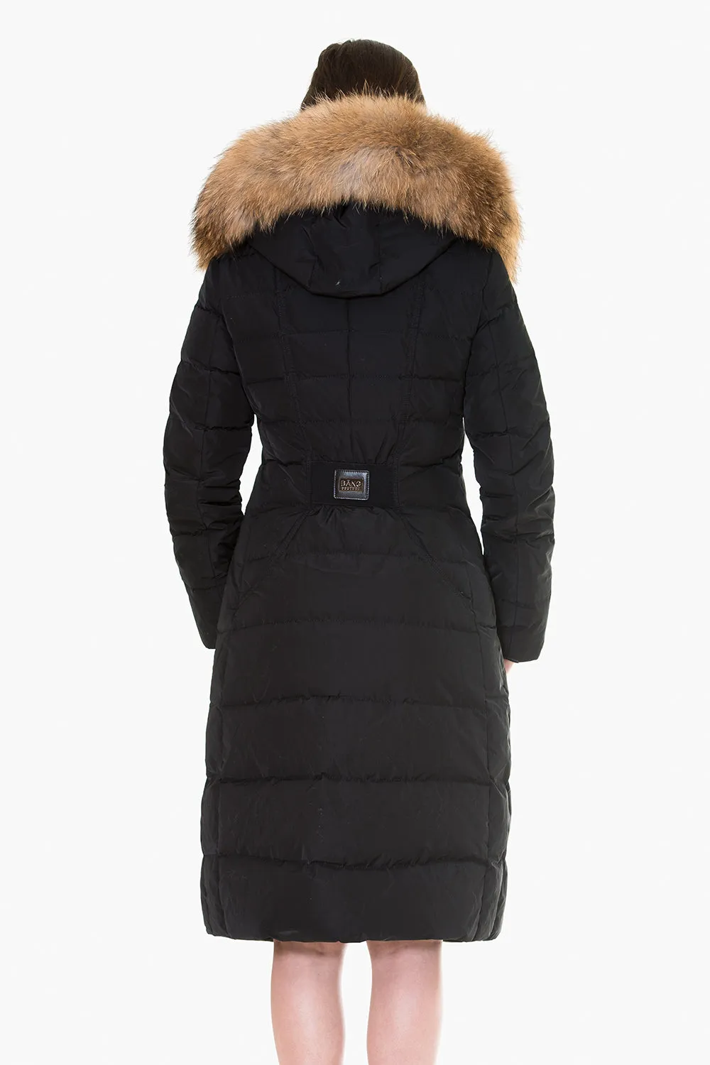 Down coat with insert back belt