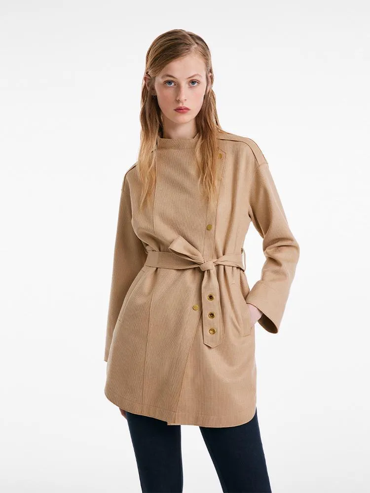 Faux Suede Women Trench Coat With Belt