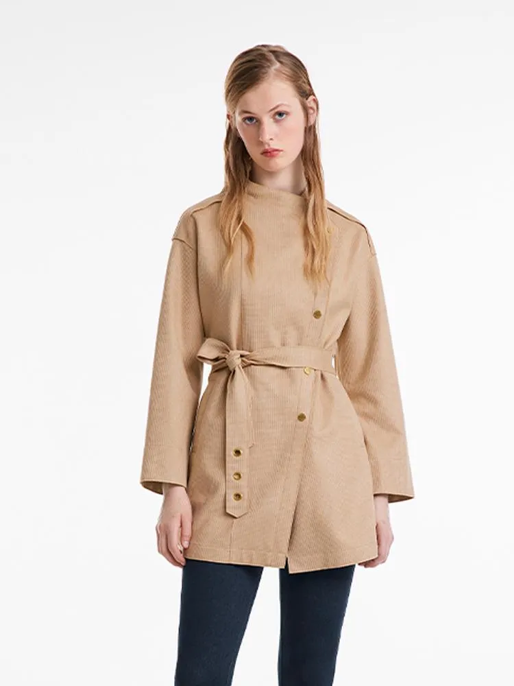 Faux Suede Women Trench Coat With Belt