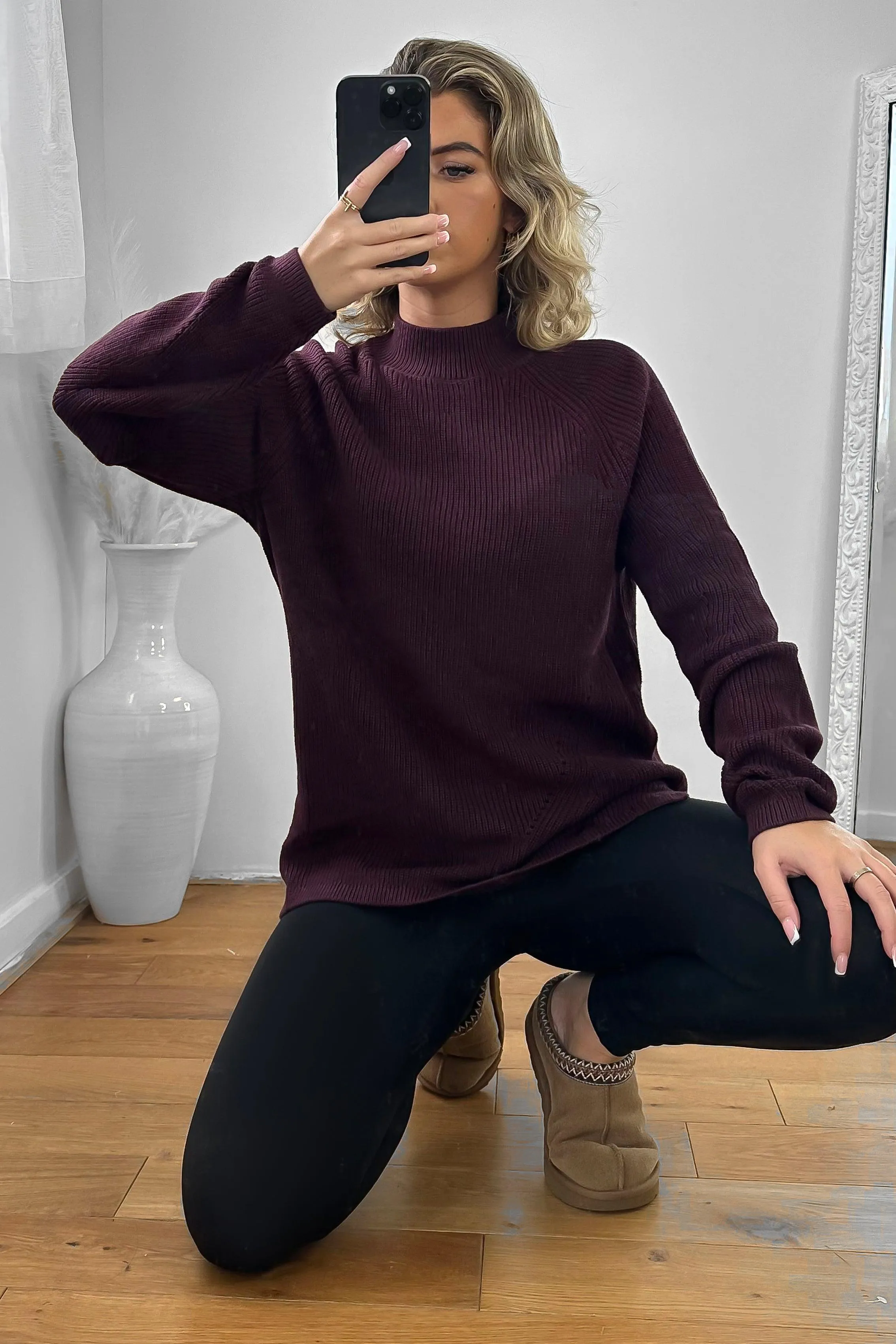 High Neck Perforated Detail Pullover