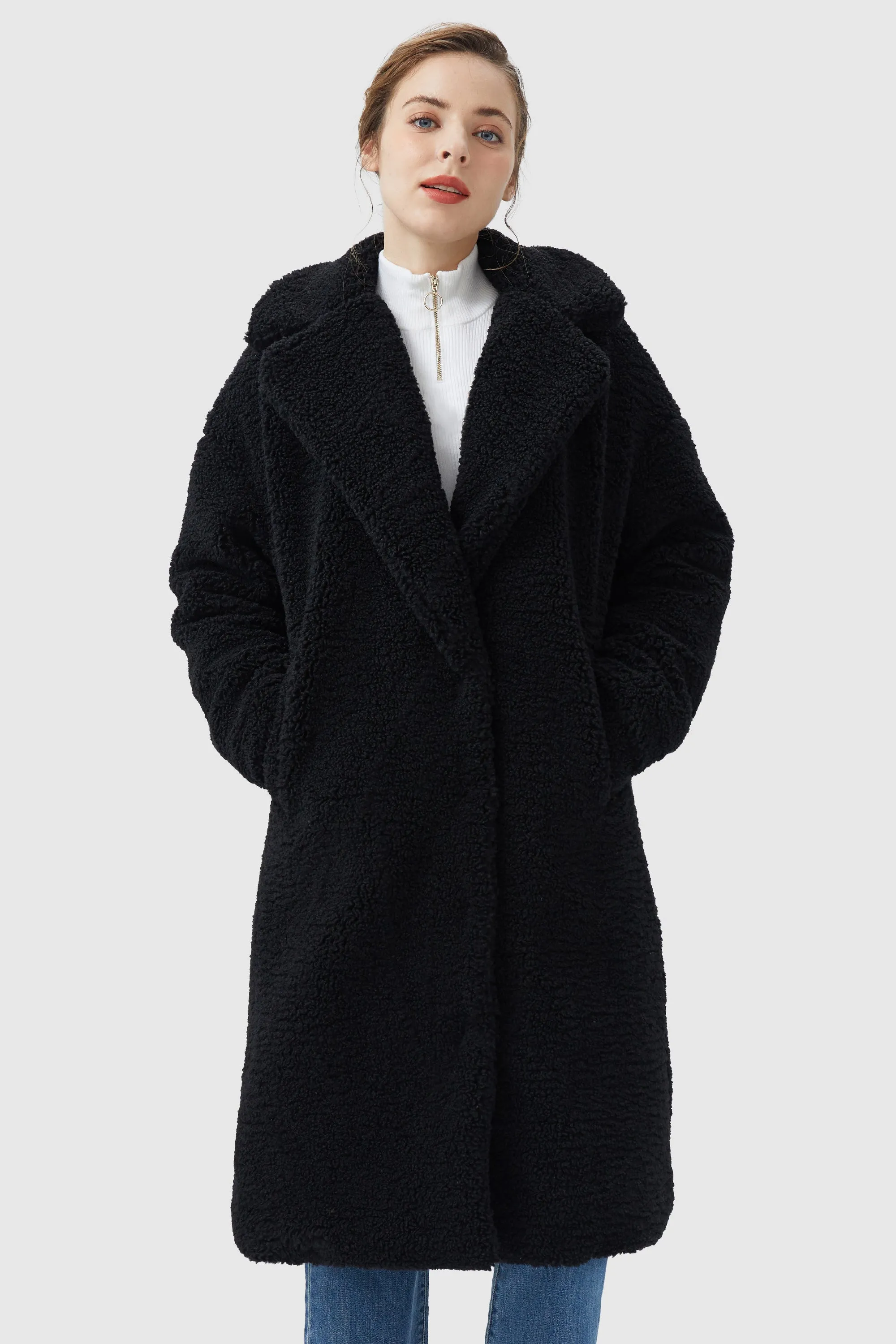 Knee Length Fuzzy Fleece Lapel Down Coat