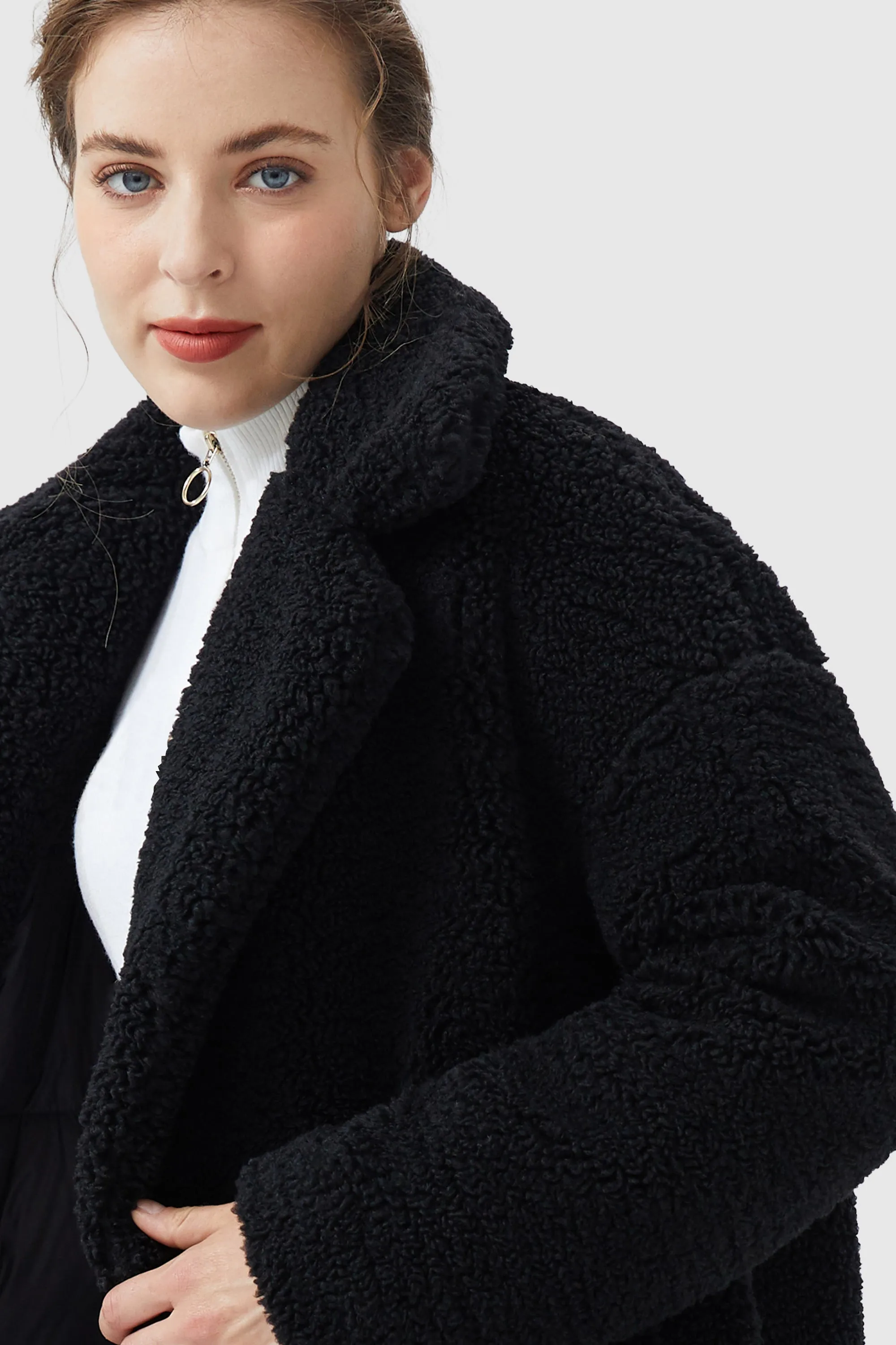 Knee Length Fuzzy Fleece Lapel Down Coat