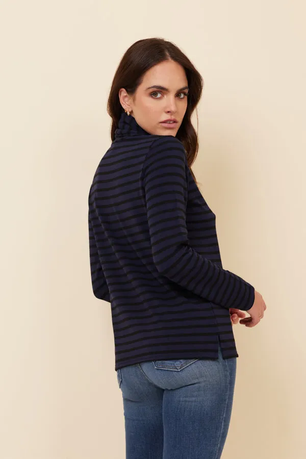 Majestic French Terry Stripe Semi Relaxed Turtleneck in Marine/Noir