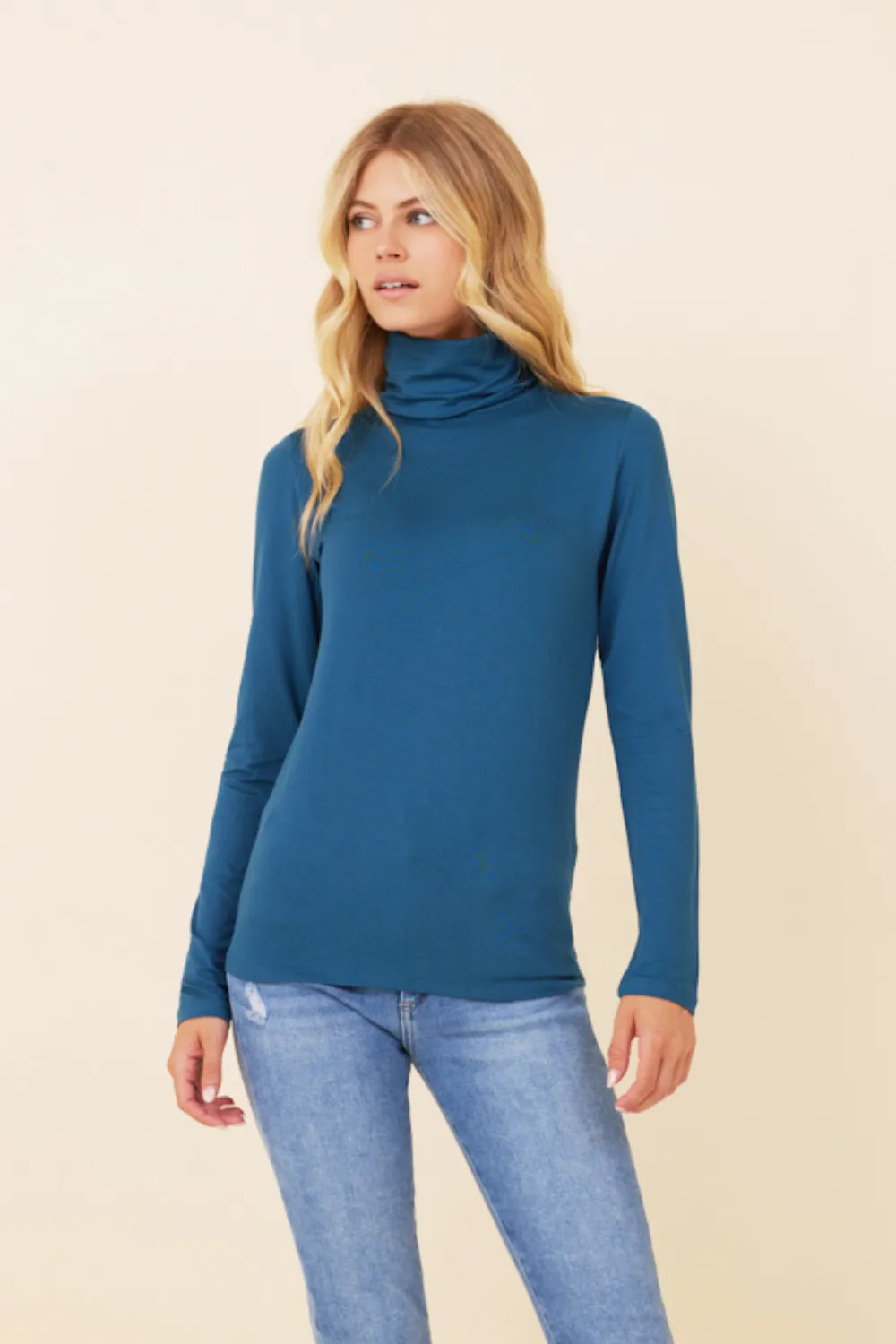 Majestic Long Sleeve Viscose Turtleneck in Blue Paon