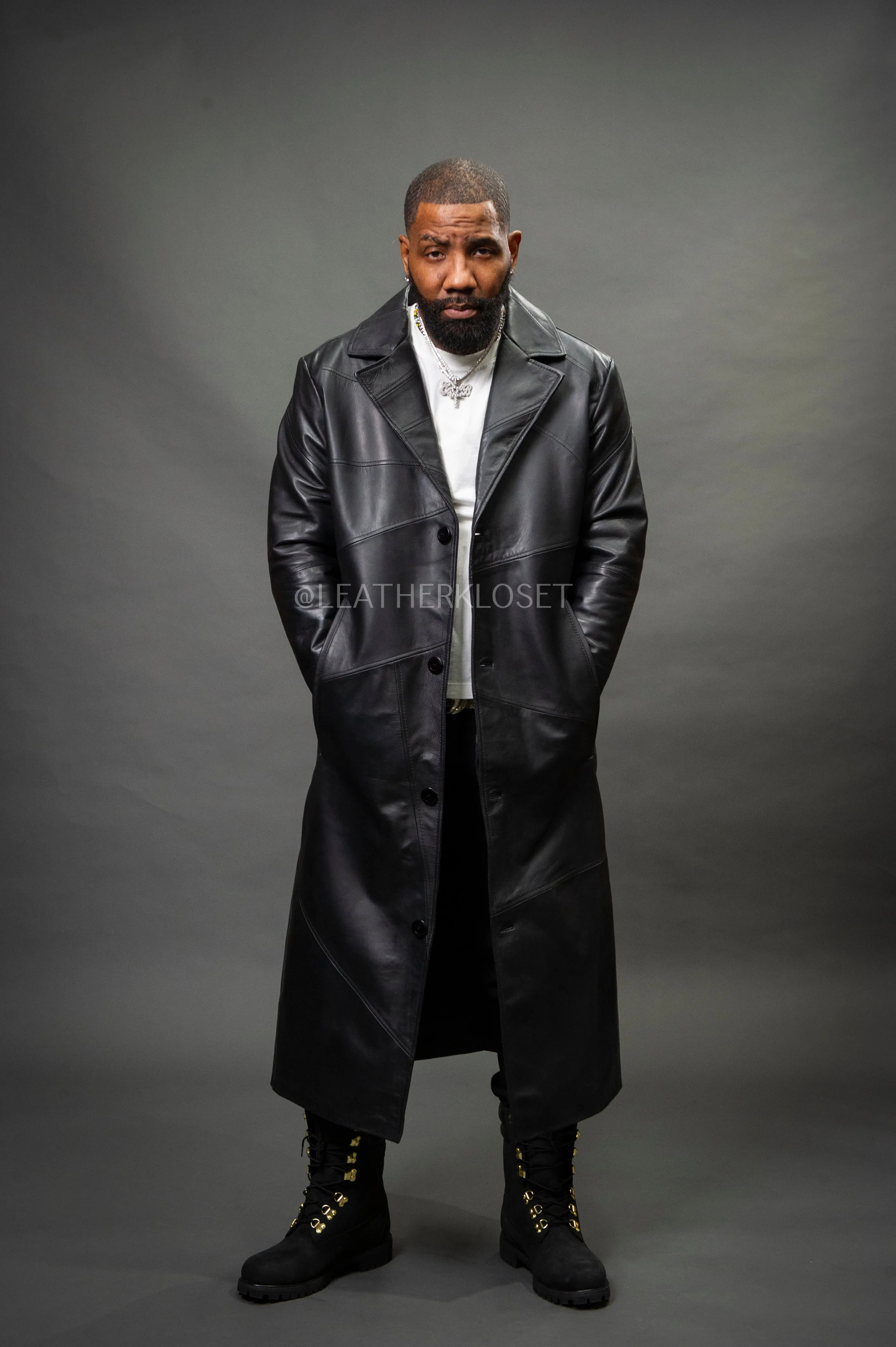 Men's Leather Unnameable Trench Coat [Black]