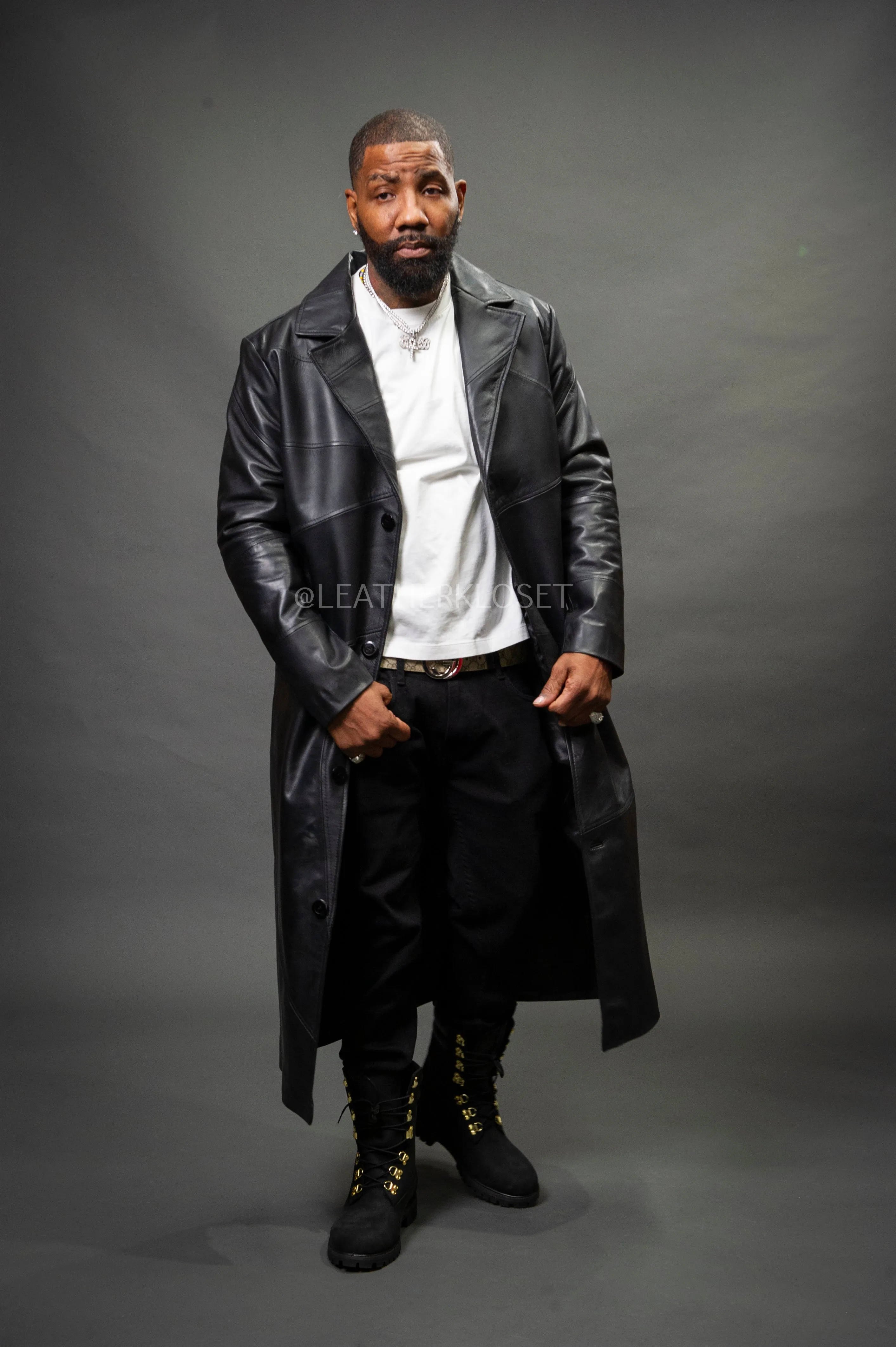 Men's Leather Unnameable Trench Coat [Black]