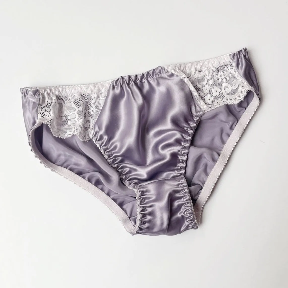 Mulberry Silk bikini brief with scalloped lace | Lavender, Grey, Blue