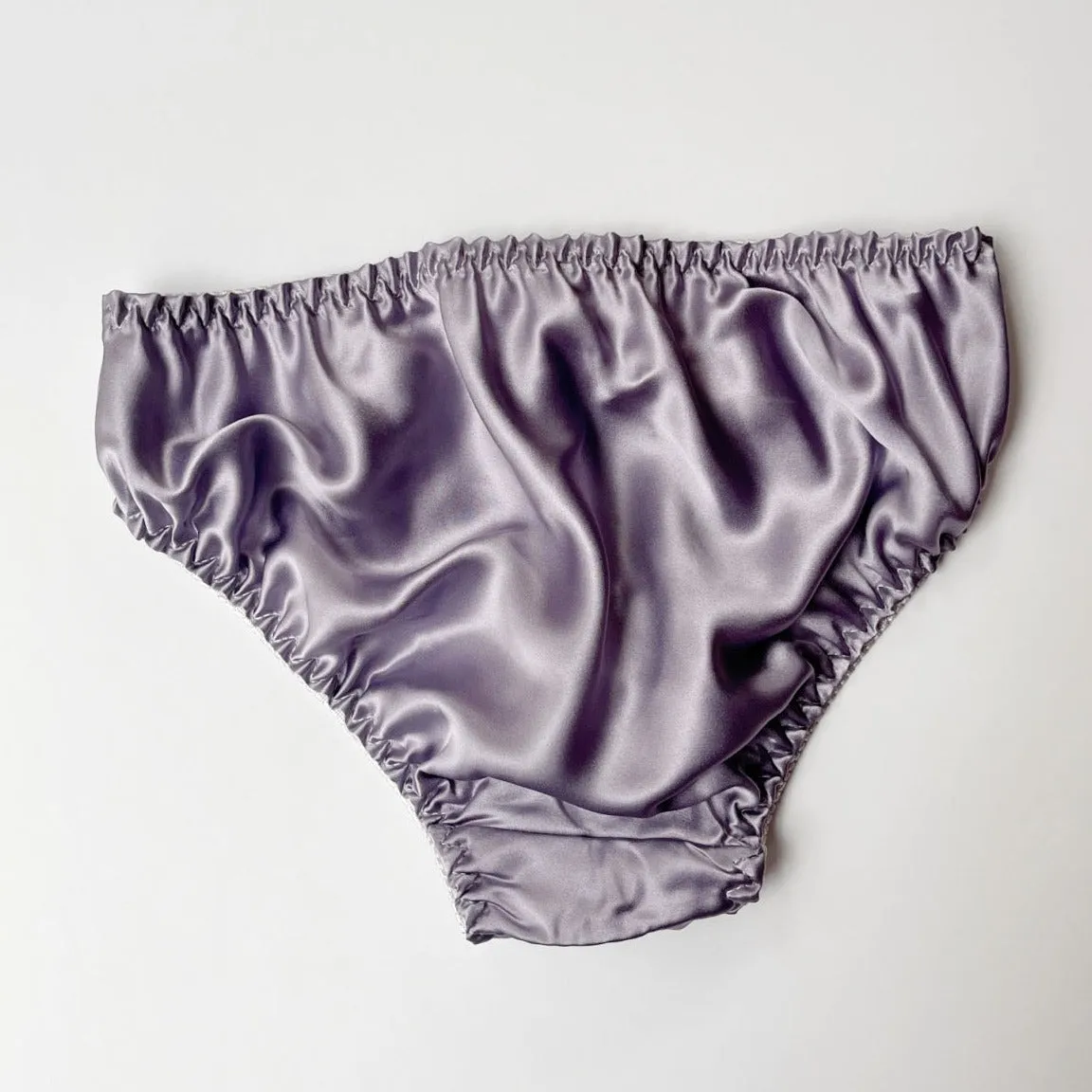 Mulberry Silk bikini brief with scalloped lace | Lavender, Grey, Blue