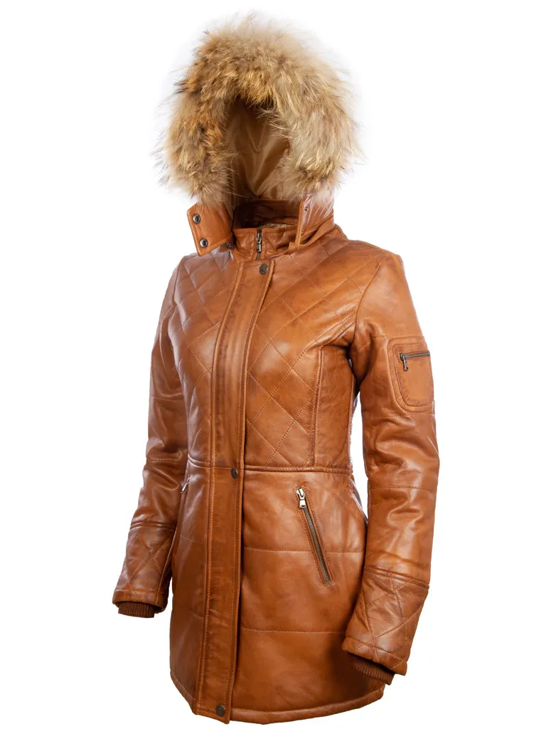 N5SQ Women's Trench Fur Hood Coat - Timber