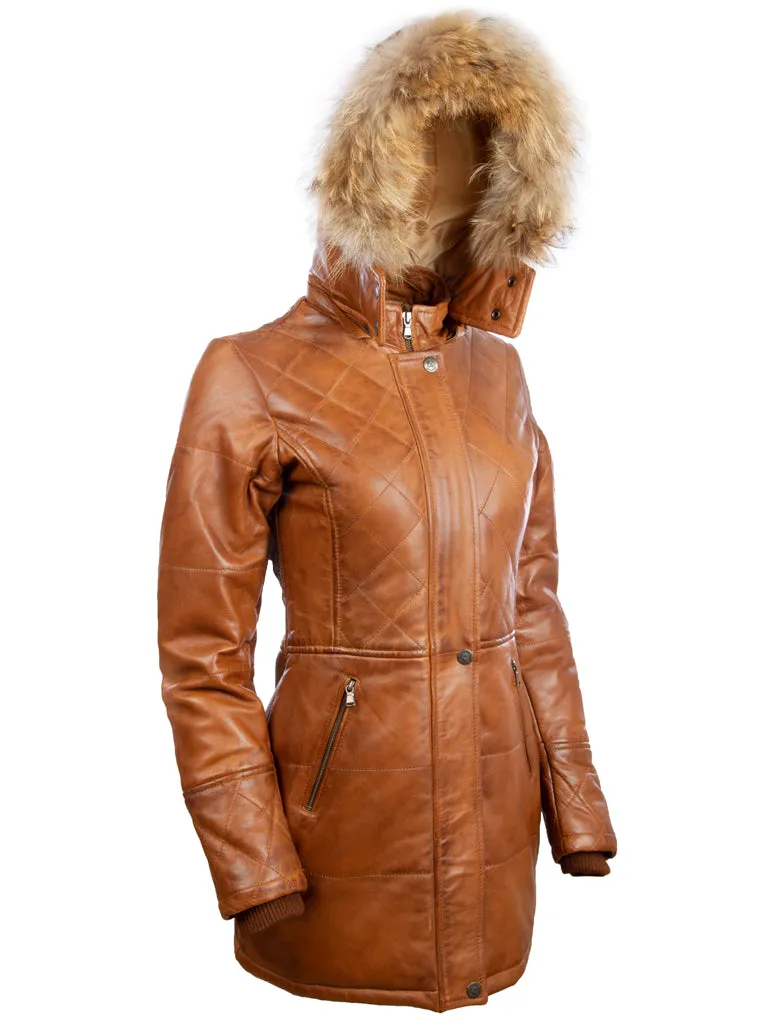 N5SQ Women's Trench Fur Hood Coat - Timber