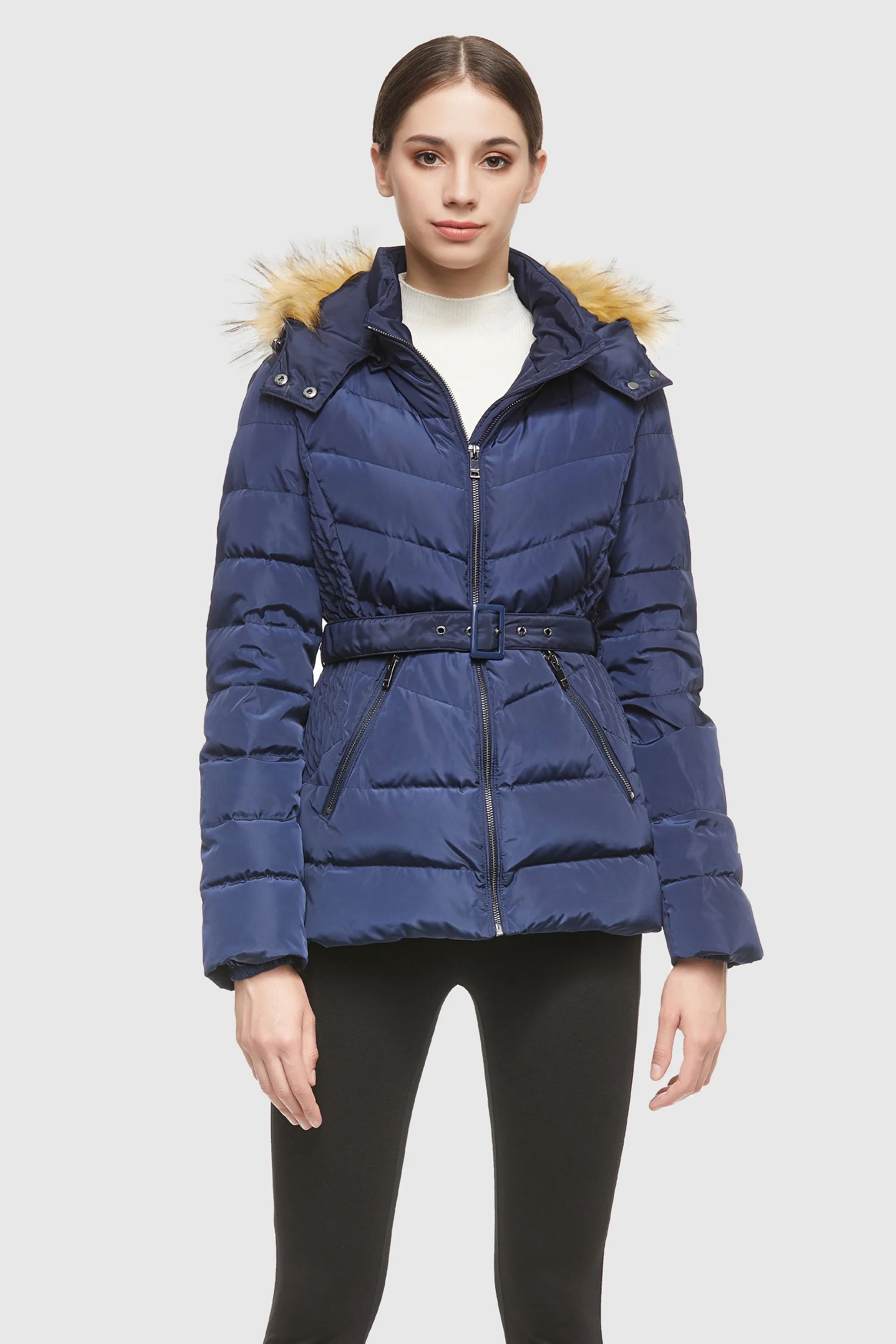 Short Down Coat with Removable Elastic Belt