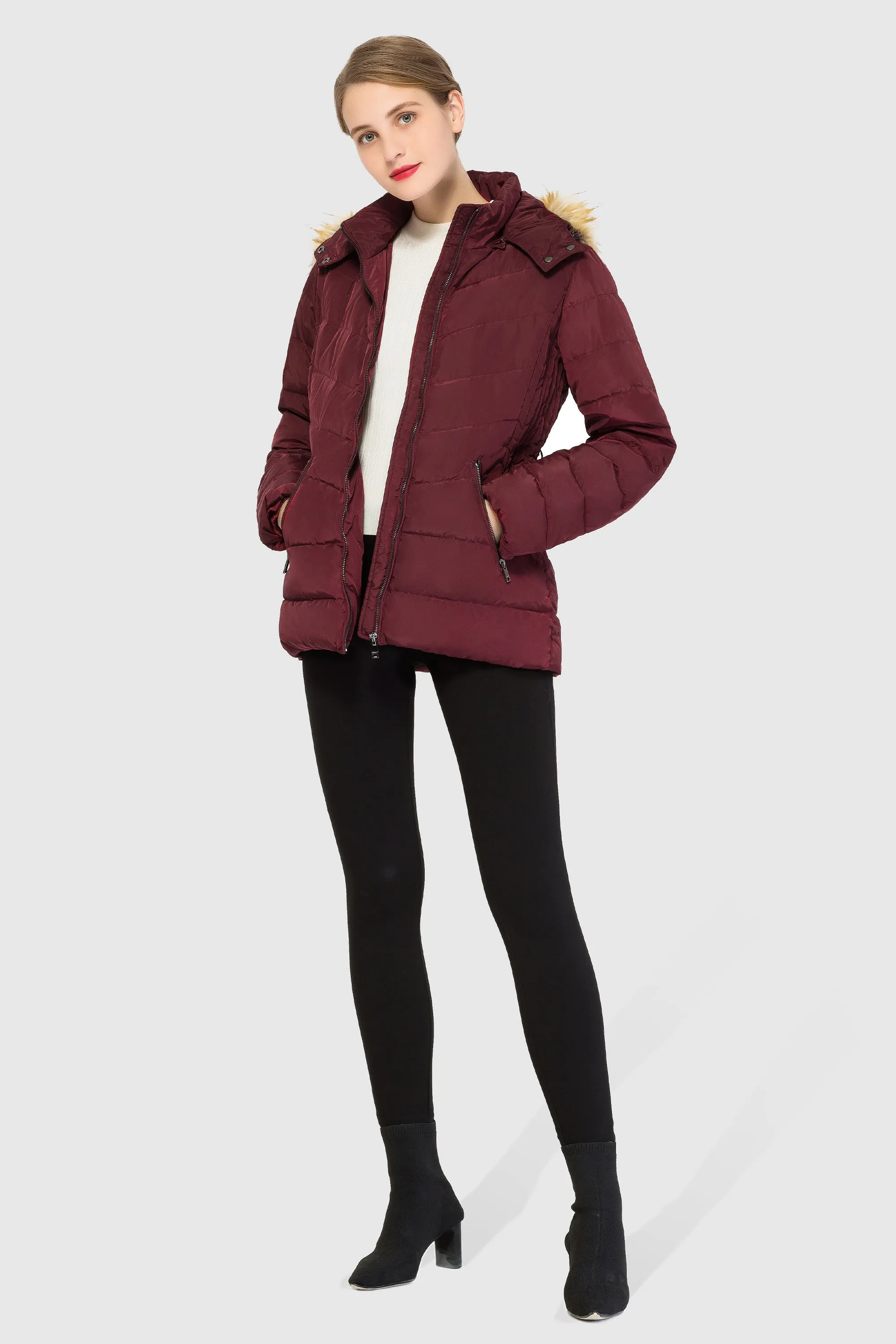 Short Down Coat with Removable Elastic Belt