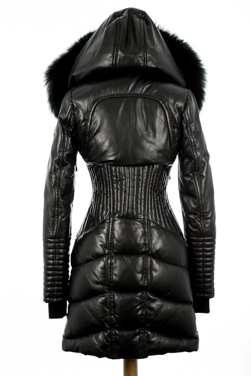 Sia Leather Down Coat With Fur Trim