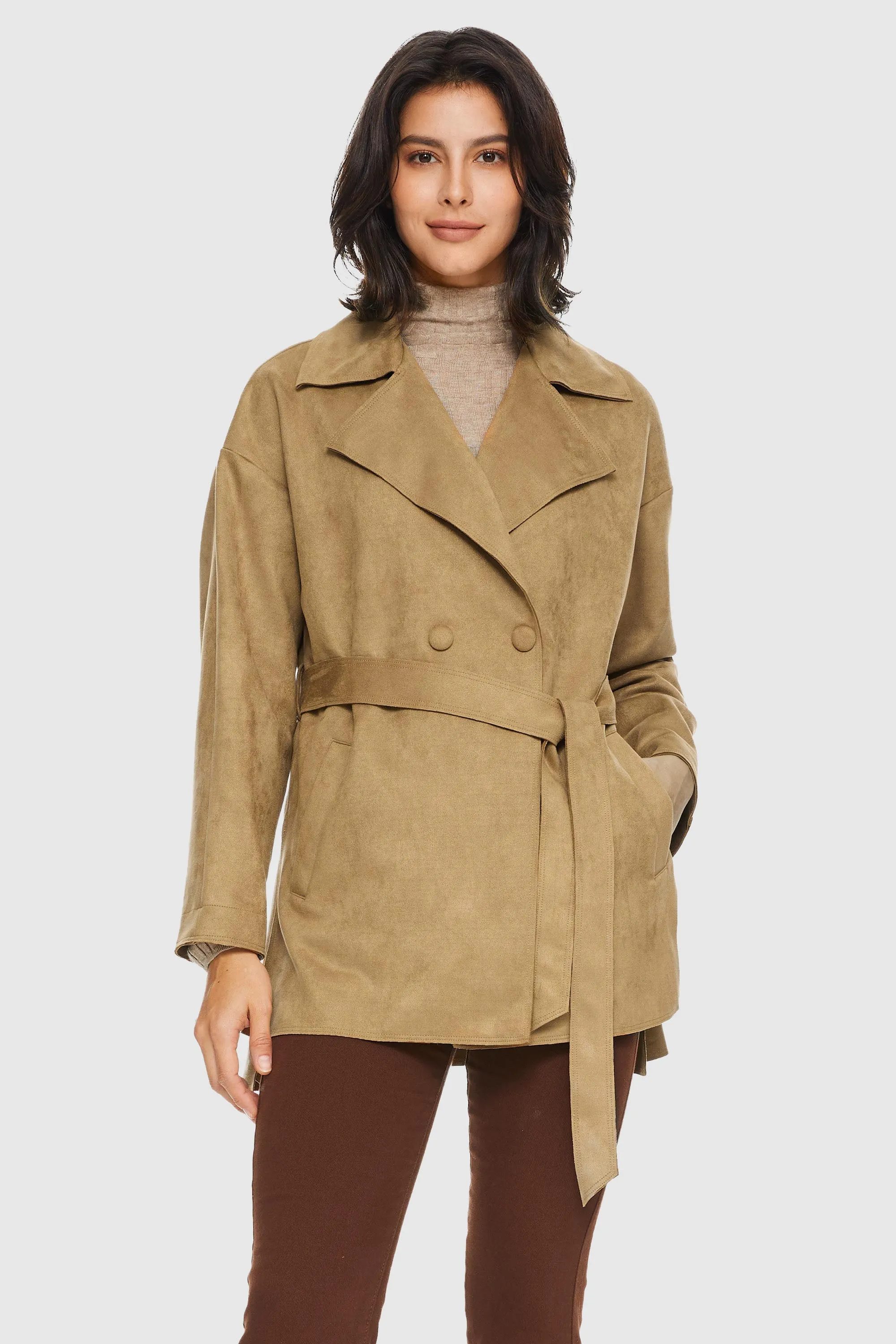 Stylish Faux Suede Lightweight Trench Coat